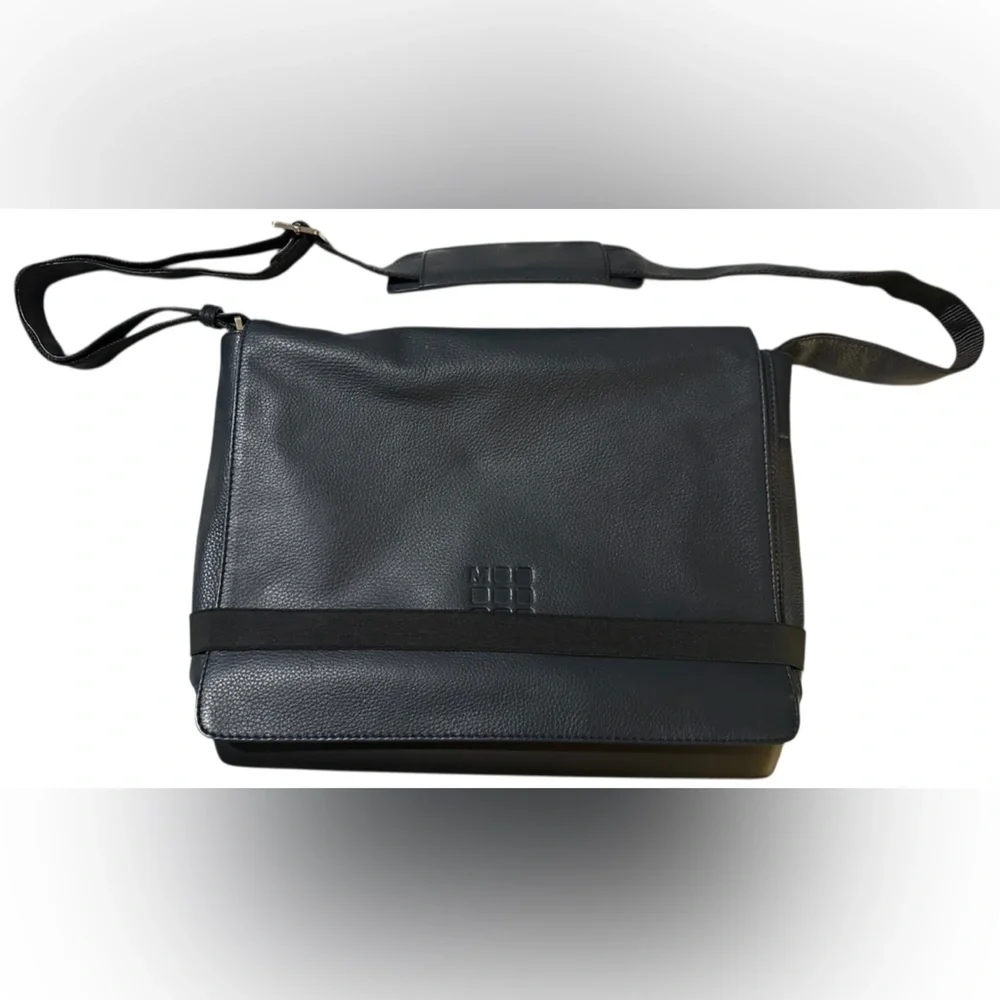 Moleskine Black Leather Laptop Bag w/ adj. waist strap.